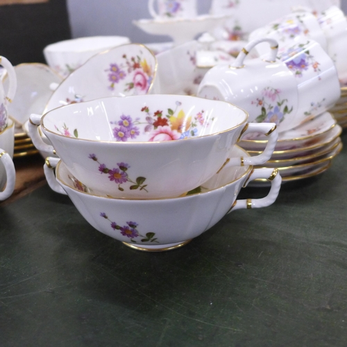 812 - Fifty-five pieces of Crown Derby Derby Posies, a full set of soup bowls and saucers, six teacups, fi... 