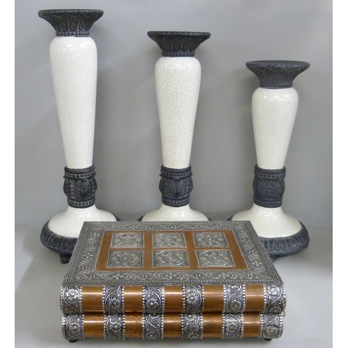 821 - Three graduated candle stands and a Moroccan inspired jewellery case