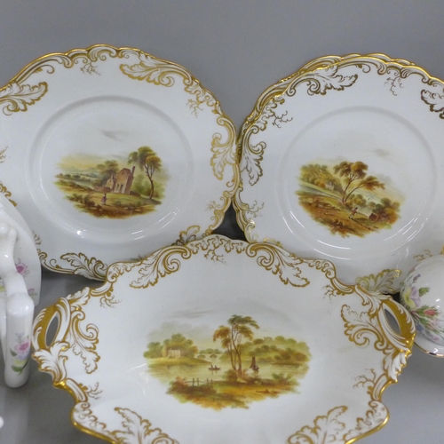 825 - A four setting dessert service and two bread and butter serving plates, each decorated with landscap... 