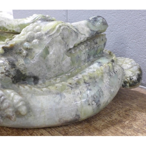 827 - A large carved Chinese jade model of two entwined crocodiles, tail and back claw a/f, 66cm, 35kg **P... 