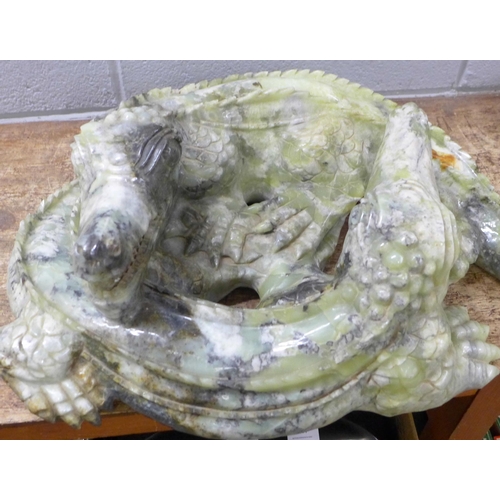 827 - A large carved Chinese jade model of two entwined crocodiles, tail and back claw a/f, 66cm, 35kg **P... 