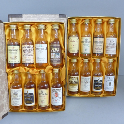 836 - Two sets of miniature Scotch Whisky including Old Elgin, Ben Alder, Highland Fusilier, in two boxes ... 