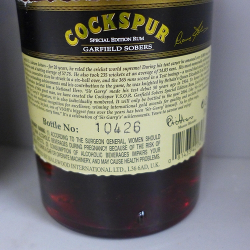 838 - A bottle of Cockspur V.S.O.R. Special Edition Garfield Sobers Rum hand signed on the label by Garfie... 