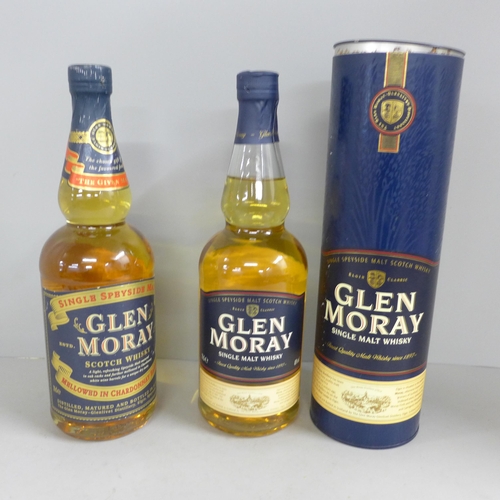 841 - Two bottles of Glen Moray Scotch Whisky, one bottle labelled Single Speyside Malt, mellowed in Chard... 