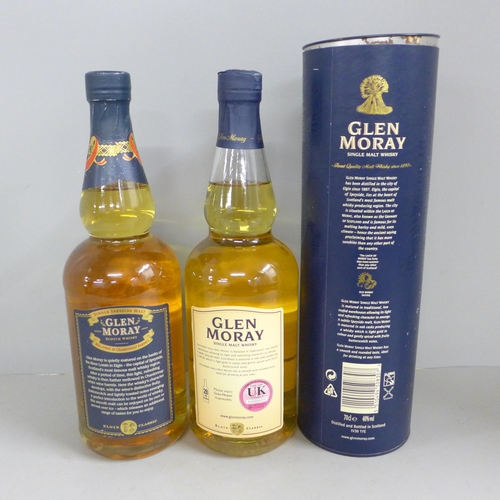 841 - Two bottles of Glen Moray Scotch Whisky, one bottle labelled Single Speyside Malt, mellowed in Chard... 