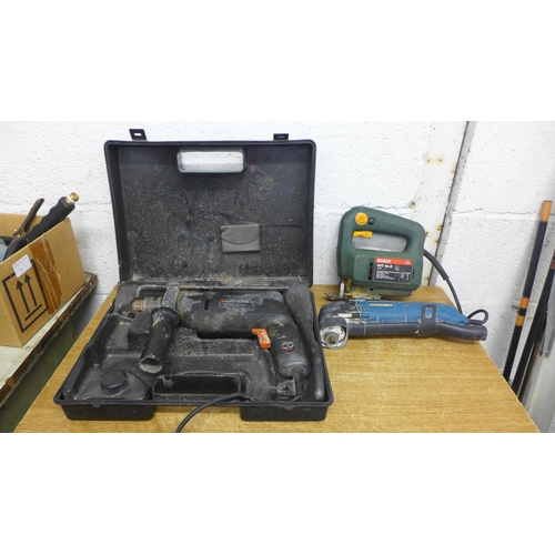2005 - A Bosch PST 50-E 240v 350w jigsaw, a Workzone WMW 309-2 240v 300w multifunction tool and a Black & D... 