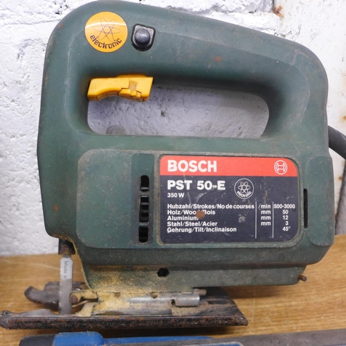 2005 - A Bosch PST 50-E 240v 350w jigsaw, a Workzone WMW 309-2 240v 300w multifunction tool and a Black & D... 
