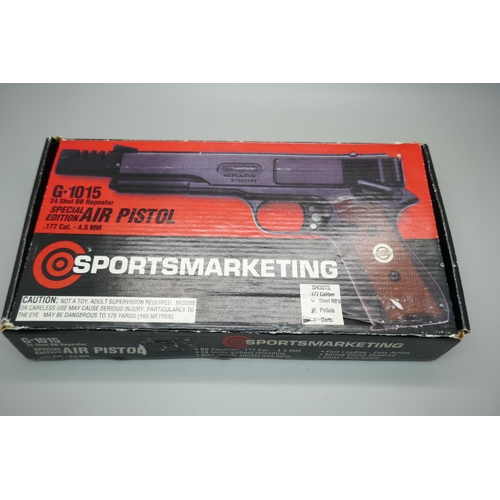 850 - A G-1015 Special Edition SMK target shooting air pistol, .177, with darts, pellets and reload ammo s... 