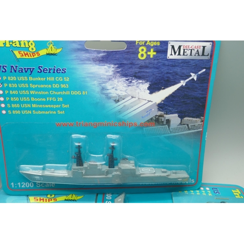 856 - Tri-ang Ships in original packaging; seven ships, two storage tanks and one Harbour Accessories