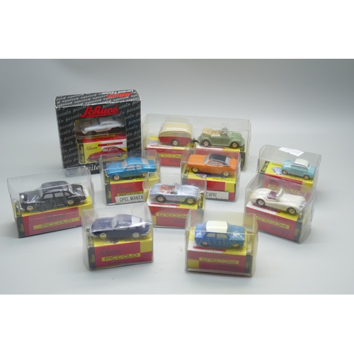 857 - Ten Schuco Piccolo model vehicles, packaged, including one Limited Edition Porshe 356 Polizei