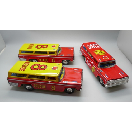 858 - Three Shudo tin-plate toys, two boxed, Rescue and Fire Department, made in Japan