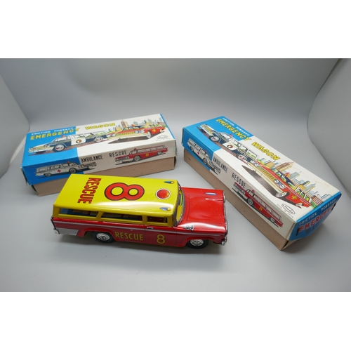 858 - Three Shudo tin-plate toys, two boxed, Rescue and Fire Department, made in Japan