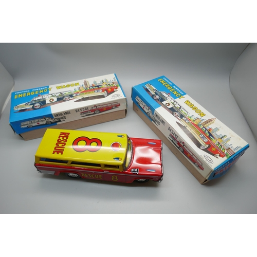 858 - Three Shudo tin-plate toys, two boxed, Rescue and Fire Department, made in Japan