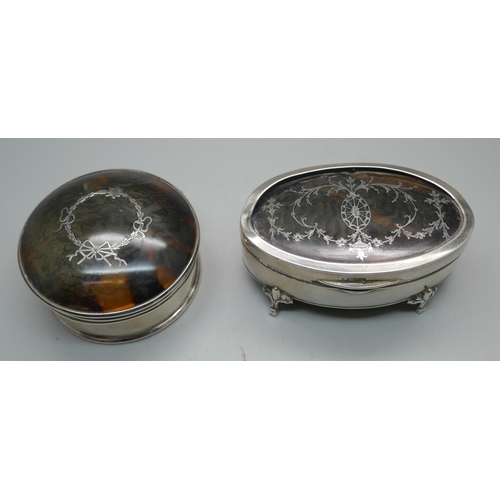 868 - Two silver and tortoiseshell trinket boxes, a/f