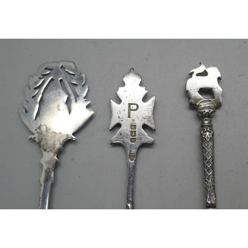 870 - Two silver regimental spoons and a silver and enamel rifle shooting spoon, 48g