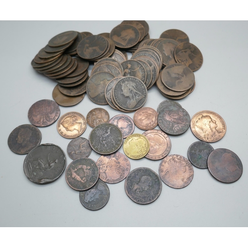 896 - A collection of 1 penny coins, other coins and tokens