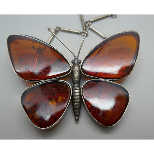 912 - A large silver and amber butterfly brooch, marked DPA and with Birmingham import mark, with attached... 