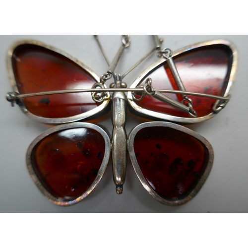 912 - A large silver and amber butterfly brooch, marked DPA and with Birmingham import mark, with attached... 