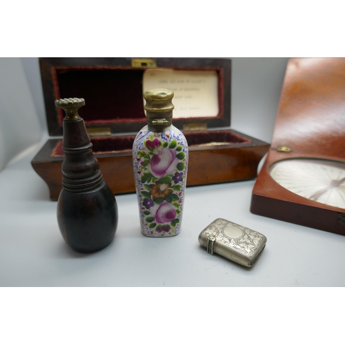 916 - A mid 19th Century jewellery box, a 19th Century hand painted scent bottle, vesta case, a vintage ve... 