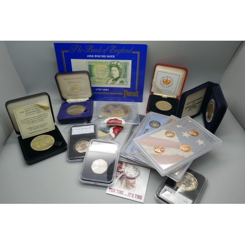 917 - Fifteen commemorative coin sets, medallions and a £1 note, including 50th Anniversary Operation Dyna... 