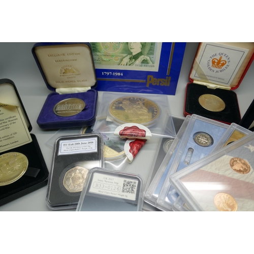 917 - Fifteen commemorative coin sets, medallions and a £1 note, including 50th Anniversary Operation Dyna... 