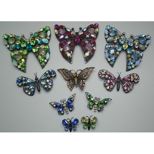 918 - Ten Butler & Wilson rhinestone/crystal butterfly brooches, three large, three smaller and four small... 