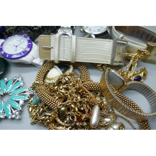 925 - A collection of costume jewellery and watches including a vintage Ancre ladies watch and a silver br... 