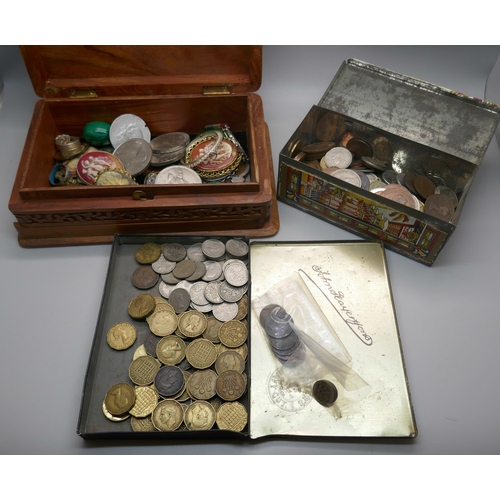 935 - Coins including 3d and 6d, farthings and some silver 3d, also cameo brooches, medallions, coin mount... 