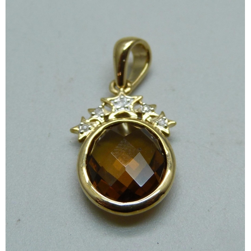 937 - A 9ct gold, Cognac quartz and diamond pendant, 2g, with certificate