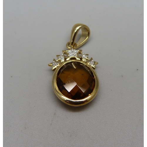 937 - A 9ct gold, Cognac quartz and diamond pendant, 2g, with certificate