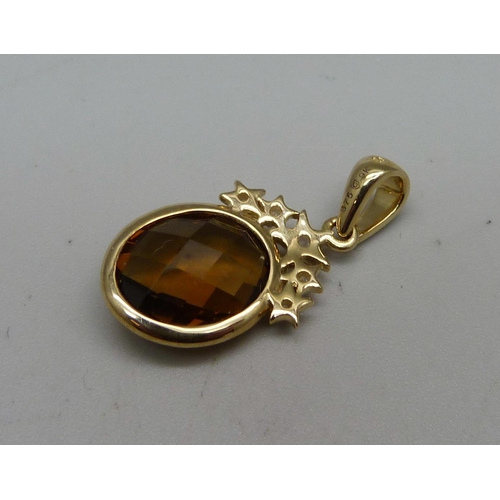 937 - A 9ct gold, Cognac quartz and diamond pendant, 2g, with certificate