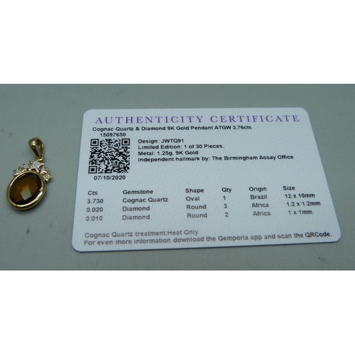 937 - A 9ct gold, Cognac quartz and diamond pendant, 2g, with certificate