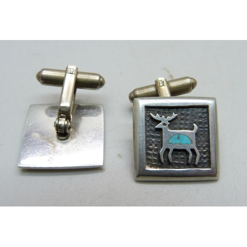 939 - A pair of Navajo cufflinks set with turquoise, a small silver mesh purse and an Art Deco crystal nec... 