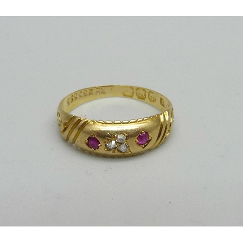 951 - An antique 18ct gold, ruby and diamond ring, 1.8g, L