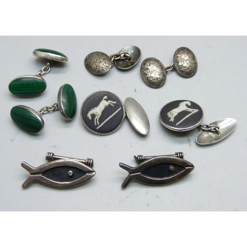 962 - Four pairs of silver cufflinks including Victorian and malachite set