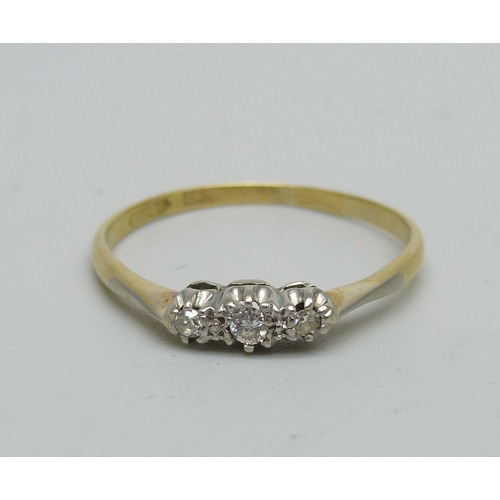 969 - An 18ct gold and three-stone diamond ring, 2g, T