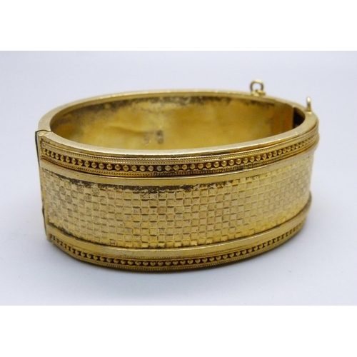 990 - A Victorian silver gilt Aesthetic bangle, Birmingham 1881, Robert James Dick, 38g, 47mm x 60mm inter... 