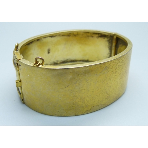 990 - A Victorian silver gilt Aesthetic bangle, Birmingham 1881, Robert James Dick, 38g, 47mm x 60mm inter... 