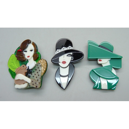 997 - Three Art Deco style lady plastic brooches