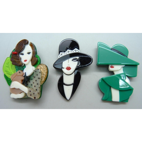 997 - Three Art Deco style lady plastic brooches