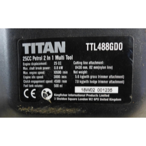 2236 - A Titan (TTL488GDO) 25cc 2-in-1 petrol multi tool strimmer and hedge cutter