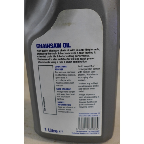 2240 - Two bottles of No-Nonsense Chainsaw Oil (one part full), measuring bottle and a boxed Oregon chainsa... 