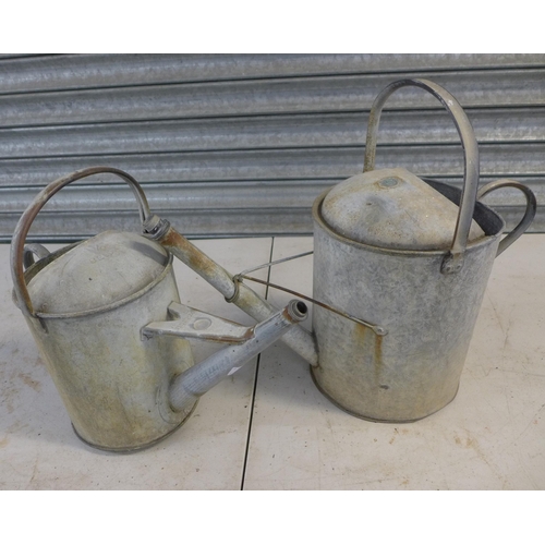 2252 - Two galvanised steel watering cans, a galvanised coal scuttle and a small cast iron bird bath