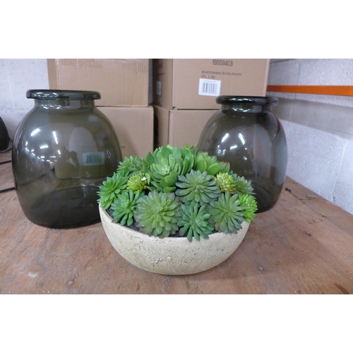 2265 - 2 Smoky glass vases and 5 artificial potted succulents