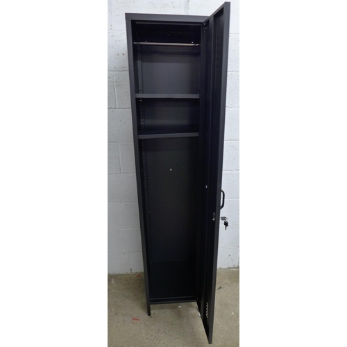 2279 - A 6ft black metal locker with 2 shelves and keys