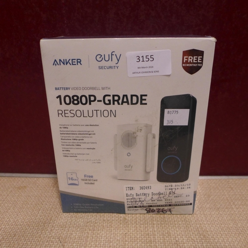 3155 - Anker Eufy Slim 1080P Black Battery Video Doorbell With Chime    (315-424) *This lot is subject to V... 