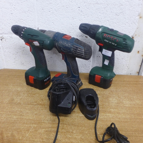 2012 - 3 Bosch cordless drills; Bosch PSR1200 with battery and charger, Bosch PSR12VE-2 and one other hamme... 