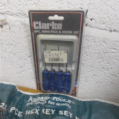 2017 - A box of tools including a Clarke 4 piece mini pick and hook set, pliers, Allen keys, screwdrivers, ... 