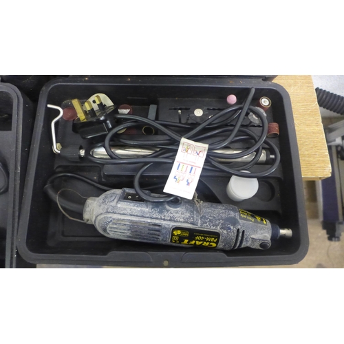 2027 - A 240v corded drill in case, Powercraft (BSS105) detail sander in case and Powercraft PBM-40F rotary... 
