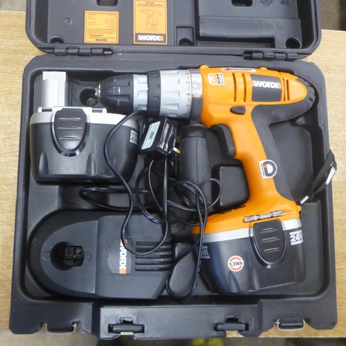 2042 - A Worx WX24HD 24v cordless hammer drill with two 24v batteries, battery charger and case